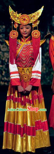 Chinese Lishui Jinsha Yi Nationality Dance Wedding Dress Ethnic Stage Performance Costume and Headpiece for Women