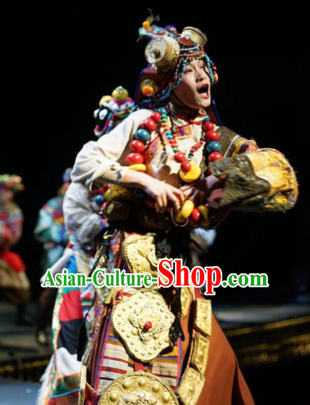 Chinese Encounter Shangri La Impression Tibetan Ethnic Dance Robe Stage Performance Costume and Headpiece for Women