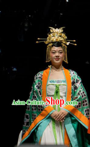 Chinese Encore Dunhuang Tang Dynasty Queen Dance Green Dress Stage Performance Costume and Headpiece for Women