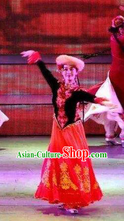 Chinese Turpan Festival Uyghur Nationality Dance Red Dress Stage Performance Ethnic Costume and Headpiece for Women