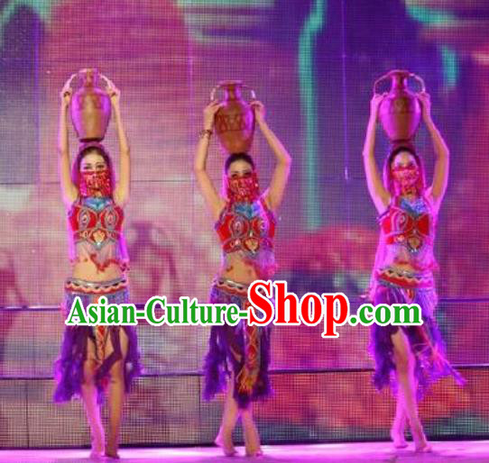 Chinese Turpan Festival Uyghur Nationality Dance Purple Dress Stage Performance Ethnic Costume and Headpiece for Women