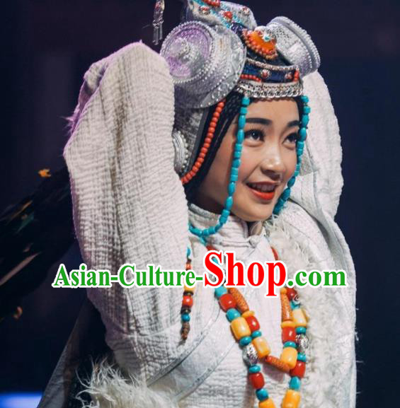 Chinese Encounter Shangri La Impression Tibetan Ethnic Dance White Robe Stage Performance Costume and Headpiece for Women