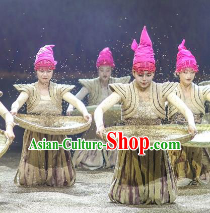 Chinese Encounter Shangri La Impression Ethnic Dance Dress Stage Performance Costume and Headpiece for Women