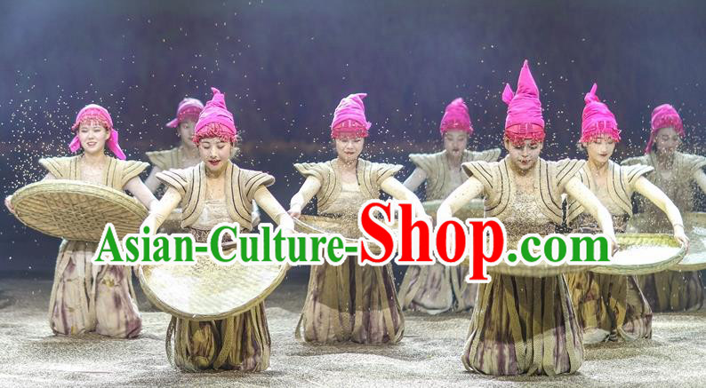 Chinese Encounter Shangri La Impression Ethnic Dance Dress Stage Performance Costume and Headpiece for Women
