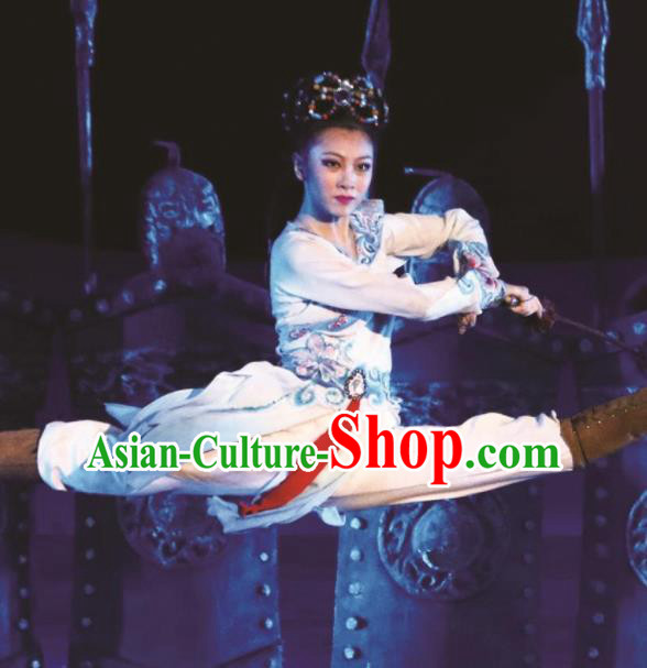 Chinese Encore Dunhuang Classical Swords Dance Dress Stage Performance Costume and Headpiece for Women