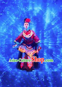 Chinese Jin Show Dan Zhai Miao Nationality Folk Dance Dress Stage Performance Costume and Headpiece for Women