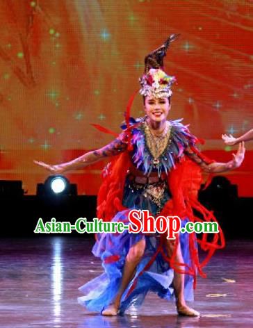 Chinese Jin Show Dan Zhai Miao Nationality Folk Dance Feather Dress Stage Performance Costume and Headpiece for Women
