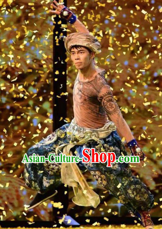 Chinese Jin Show Dan Zhai Miao Nationality Male Dance Clothing Stage Performance Costume for Men