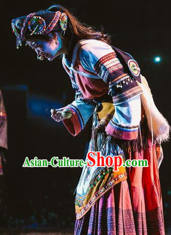 Chinese Encounter Lijiang Naxi Ethnic Dance Dress Stage Performance Costume and Headpiece for Women