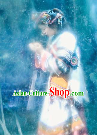 Chinese Encounter Lijiang Naxi Ethnic Dance Dress Stage Performance Costume and Headpiece for Women