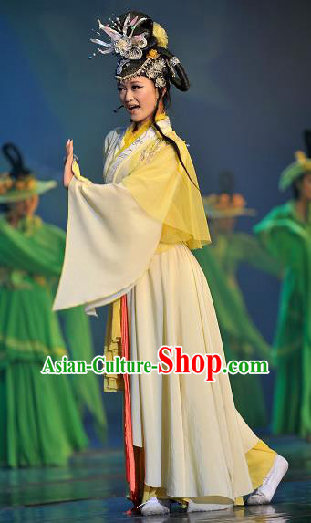 Chinese Picturesque Huizhou Opera Dance Yellow Dress Stage Performance Costume and Headpiece for Women