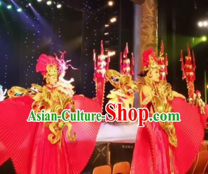 Chinese Picturesque Huizhou Classical Dance Red Dress Stage Performance Costume and Headpiece for Women