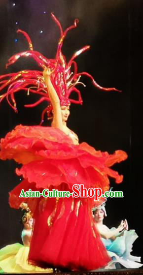 Chinese Picturesque Huizhou Classical Peony Dance Red Dress Stage Performance Costume and Headpiece for Women
