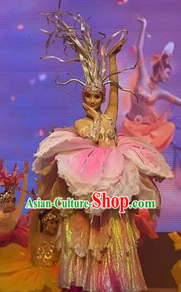 Chinese Picturesque Huizhou Classical Peony Dance Dress Stage Performance Costume and Headpiece for Women