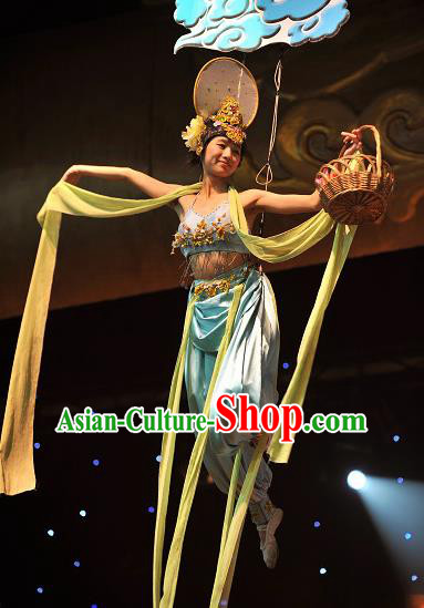 Chinese Picturesque Huizhou Opera Peri Classical Dance Dress Stage Performance Costume and Headpiece for Women