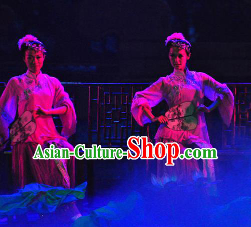 Chinese Picturesque Huizhou Fan Dance Dress Stage Performance Costume and Headpiece for Women