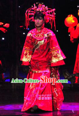 Chinese Picturesque Huizhou Wedding Bride Dance Red Dress Stage Performance Costume and Headpiece for Women