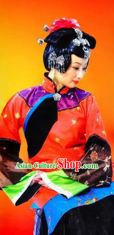 Chinese Picturesque Huizhou Fan Dance Red Dress Stage Performance Costume and Headpiece for Women