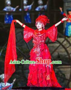 Chinese Phoenix Timeless Love Miao Nationality Dance Wedding Red Dress Stage Performance Costume and Headpiece for Women