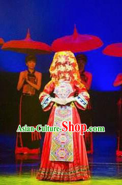 Chinese Charm Xiangxi Tujia Nationality Dance Wedding Red Dress Stage Performance Costume and Headpiece for Women
