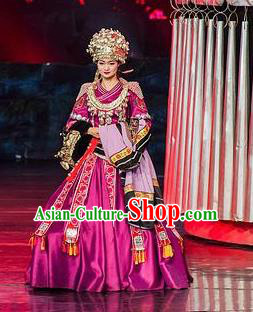 Chinese Charm Xiangxi Miao Nationality Dance Purple Dress Stage Performance Costume and Headpiece for Women