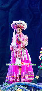 Chinese Charm Xiangxi Tujia Nationality Dance Rosy Dress Stage Performance Costume and Headpiece for Women