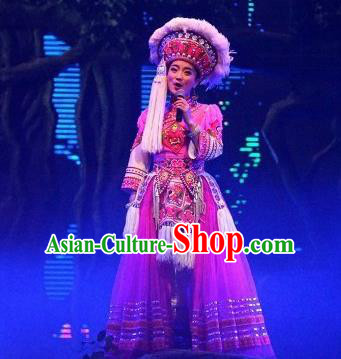 Chinese Charm Xiangxi Tujia Nationality Dance Rosy Dress Stage Performance Costume and Headpiece for Women