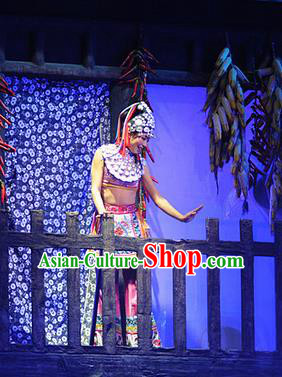Chinese Charm Xiangxi Tujia Nationality Dance Dress Stage Performance Costume and Headpiece for Women