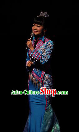 Chinese Charm Xiangxi Tujia Nationality Dance Blue Dress Stage Performance Costume and Headpiece for Women