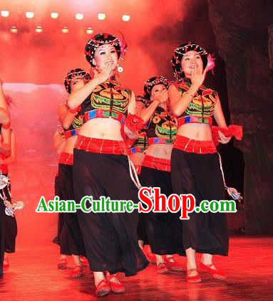 Chinese Charm Xiangxi Tujia Nationality Dance Black Dress Stage Performance Costume and Headpiece for Women