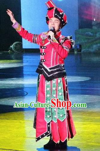 Chinese Charm Xiangxi Tujia Nationality Bridegroom Red Clothing Stage Performance Dance Costume for Men