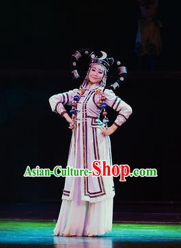Chinese Oriental Apparel Mongol Nationality Dance White Dress Stage Performance Ethnic Costume and Headpiece for Women