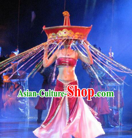 Chinese Oriental Apparel Dai Nationality Dance Rosy Dress Stage Performance Ethnic Costume and Headpiece for Women
