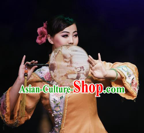 Chinese Oriental Apparel Fan Dance Yellow Dress Stage Performance Ethnic Costume for Women