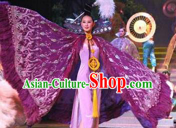 Chinese Oriental Apparel Classical Dance Purple Dress Stage Performance Ethnic Costume and Headpiece for Women