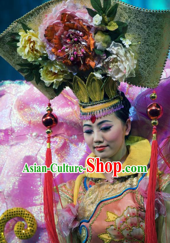 Chinese Oriental Apparel Manchu Classical Dance Dress Stage Performance Ethnic Costume and Headpiece for Women