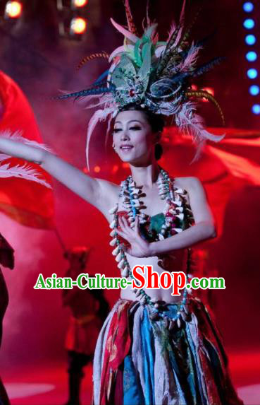 Chinese Oriental Apparel Classical Dance Feather Dress Stage Performance Ethnic Costume and Headpiece for Women