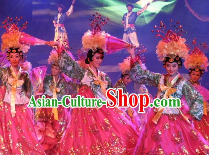 Chinese Oriental Apparel Korean Nationality Dance Rosy Dress Stage Performance Costume and Headpiece for Women