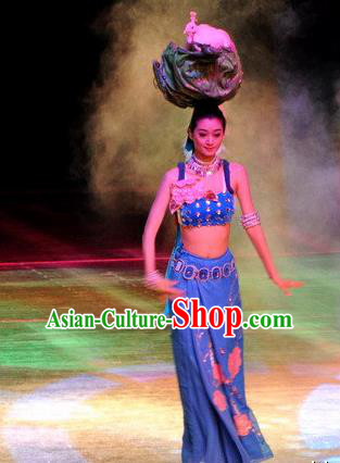 Chinese Oriental Apparel Dai Nationality Dance Blue Dress Stage Performance Costume and Headpiece for Women