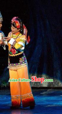 Chinese Thorn Quinoa Flowers Tujia Nationality Classical Dance Yellow Dress Stage Performance Costume and Headpiece for Women