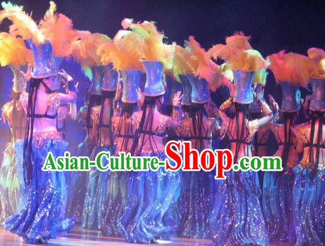 Chinese Oriental Apparel Indian Dance Blue Dress Stage Performance Costume and Headpiece for Women