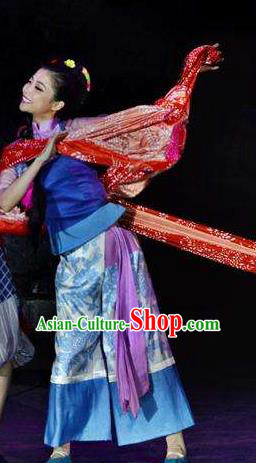 Chinese Border Town Miao Nationality Boat Girl Cui Cui Dance Dress Stage Performance Costume and Headpiece for Women