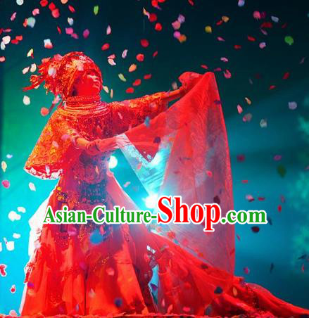 Chinese Border Town Miao Nationality Wedding Dance Red Dress Stage Performance Costume and Headpiece for Women