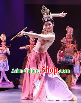 Chinese The Ancient Dunhuang Music Theatre Flying Apsaras Classical Dance Pink Dress Stage Performance Costume and Headpiece for Women