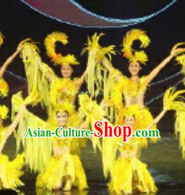 Chinese Golden Mask Dynasty Classical Dance Yellow Dress Stage Performance Costume and Headpiece for Women