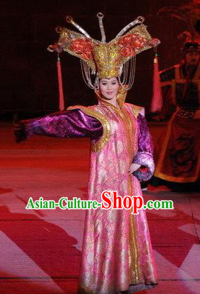 Chinese Dragon Phoenix Dance Mongol Nationality Pink Dress Stage Performance Costume and Headpiece for Women
