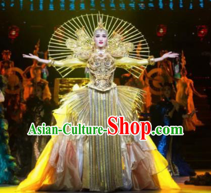 Chinese Oriental Apparel Dance Golden Dress Stage Performance Costume and Headpiece for Women