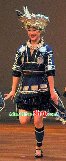 Chinese Wind Of Colorful Guizhou Miao Nationality Ethnic Dance Navy Dress Stage Performance Costume and Headpiece for Women
