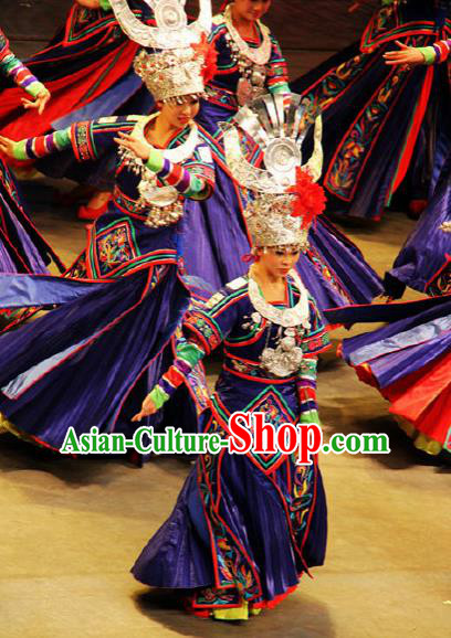 Chinese Wind Of Colorful Guizhou Miao Nationality Ethnic Dance Royalblue Dress Stage Performance Costume and Headpiece for Women