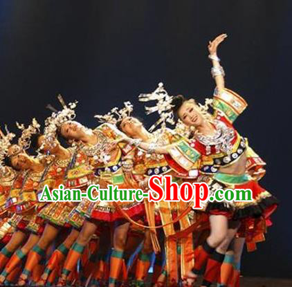 Chinese Wind Of Colorful Guizhou Yi Nationality Ethnic Dance Dress Stage Performance Costume and Headpiece for Women